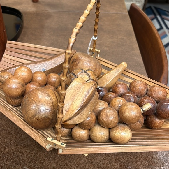Mid Century Teak Folding Basket/ Fruit Bowl With Bamboo Handle MCM - Picture 8 of 8